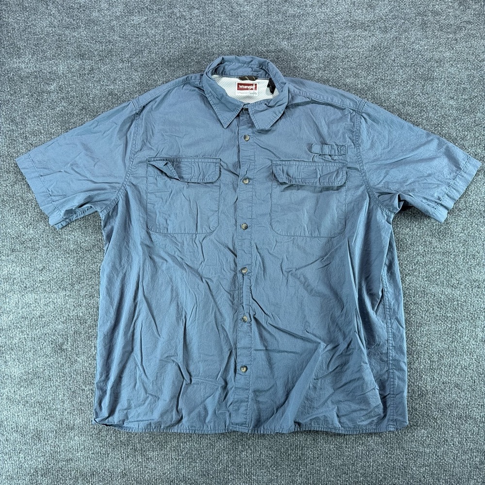 Wrangler Mens XL Blue Gray Short Sleeve Button Down Fishing Utility Shirt Cotton
